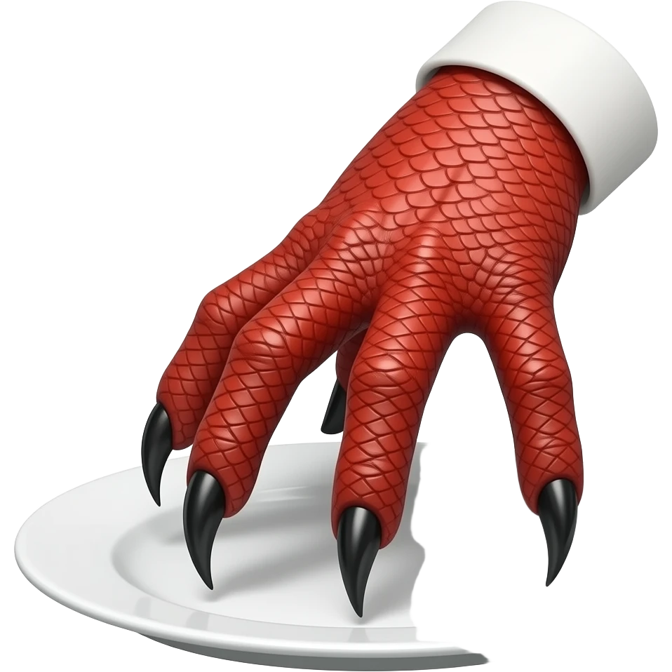 hand with red scales and black hooked claws pressing on a plate emoji