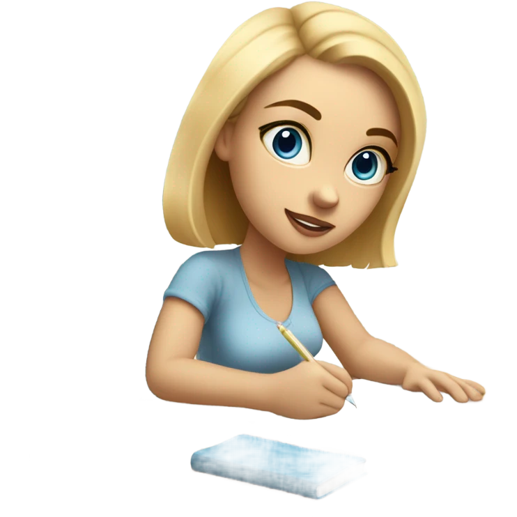 White Smart girl with blue eyes and light skin doing Homework on a desk writing on a piece of paper  emoji