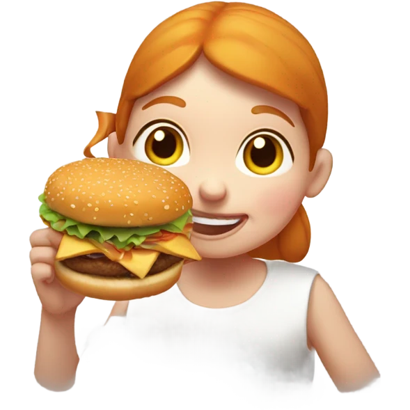 Round ginger girl eating burgers with pig ears emoji