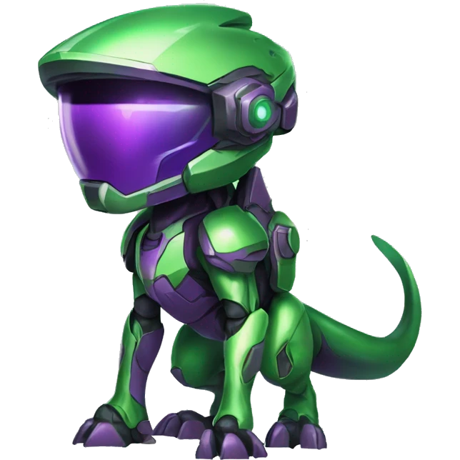 a chibi-style purple-green Genesect-Raptor-Fakémon—hybrid with a futuristic visor-helmet full body emoji