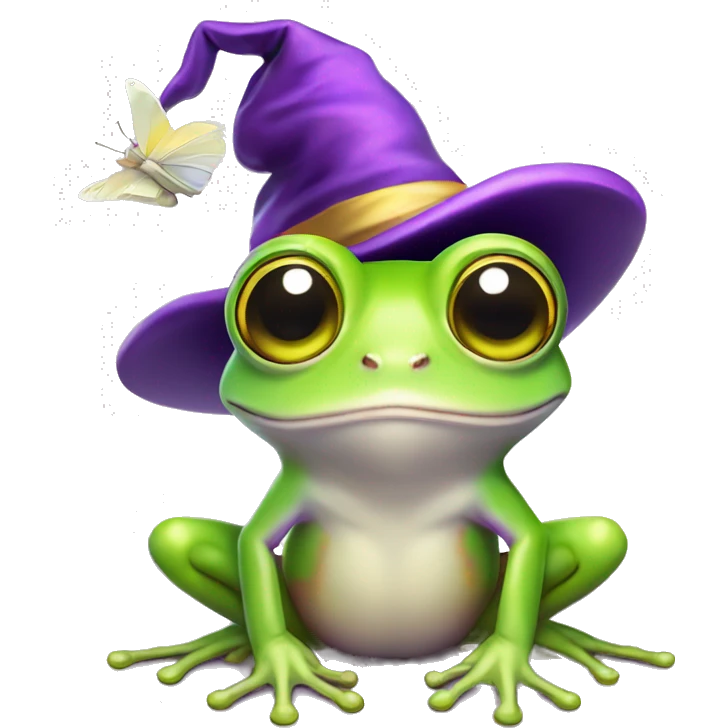 australian green tree frog with white butterfly wings wearing a purple witch hat with yellow stars emoji