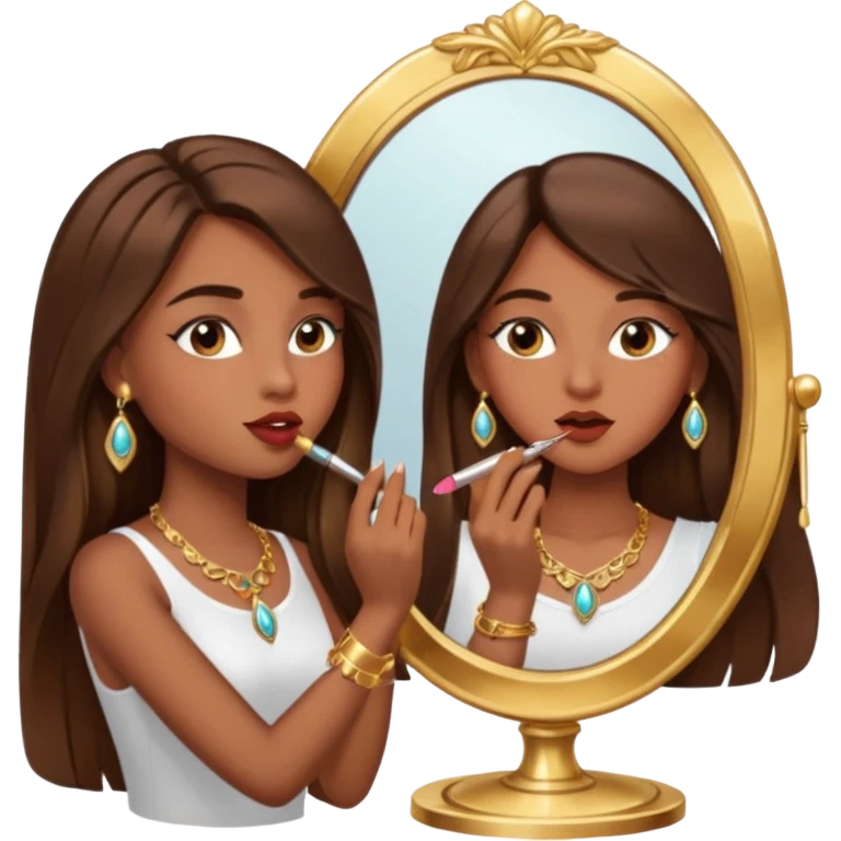 Girl with long brown hair, gold jewelry, and lashes, putting on lipgloss by a mirror  emoji