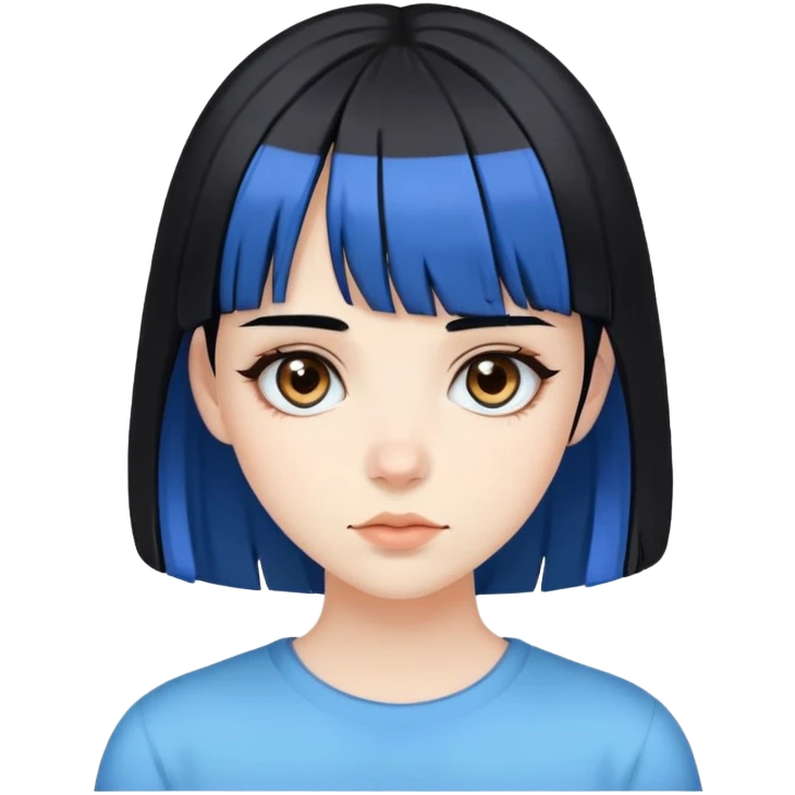 Pale girl with brown eyes, black hair with bangs, with two strips of blue hair emoji