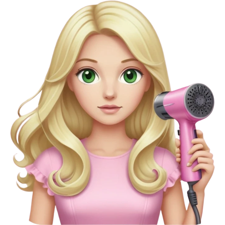 blonde with long hair and swamp green eyes, wearing a pink pastel dress, holding a pink Dyson hair dryer emoji