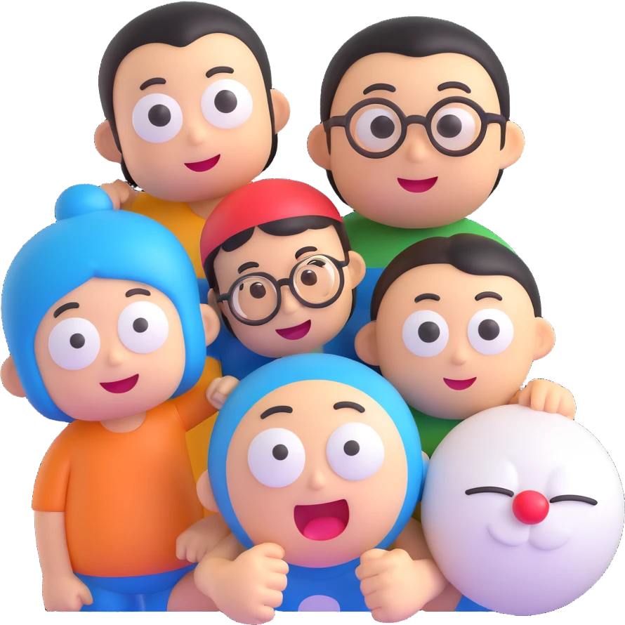Add Nobita to the group with Doraemon and Shinchan in 3D emoji style, friendly interaction, no background, smooth and rounded 3D shapes with expressive faces. emoji