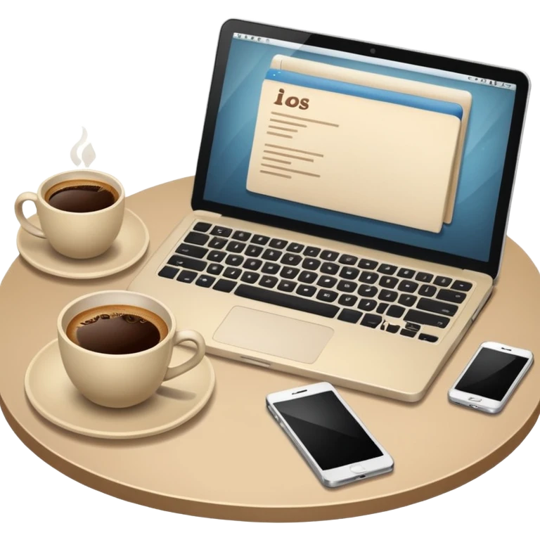 Laptop on the beige table, coffee and notebook emoji