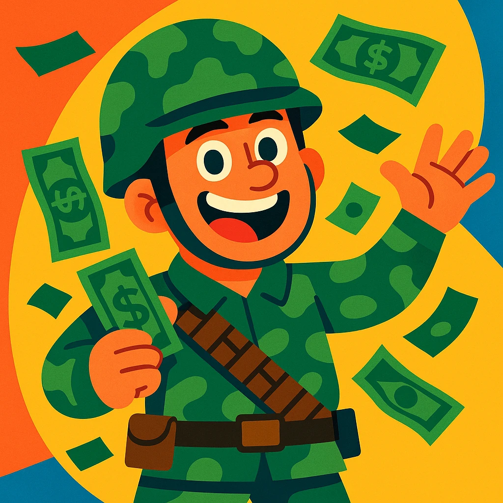 a cartoon soldier with dollar bills, playful style, colorful, fun emoji