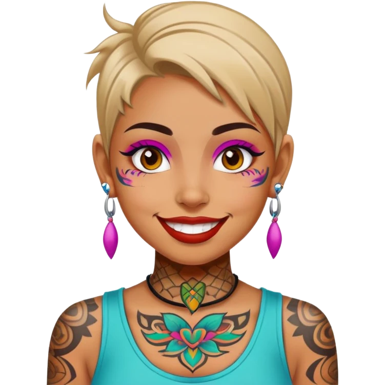 girl with bold face tattoos, happy face, wearing a colorful shirt emoji