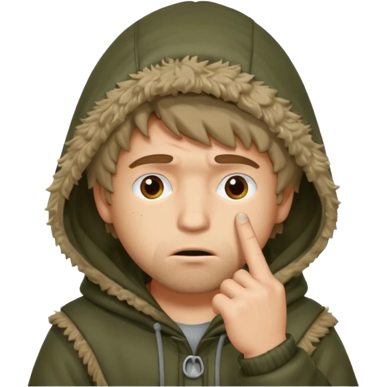 Moreno greñudo con capucha cuba la cara para el dedo emoji