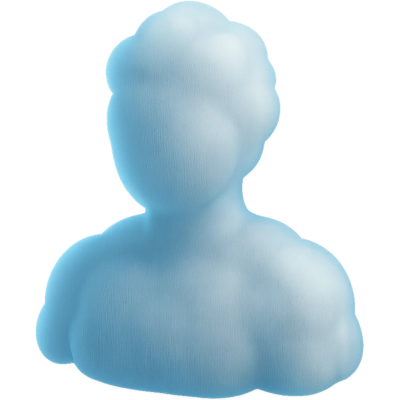 person made entirely of white fluffy convex clouds with a light blue tint, shoulder up, front view, matte glass style, no background emoji