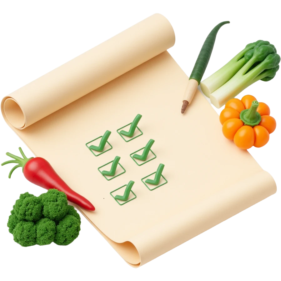 floating rolled paper list with green checkboxes and around vegetables emoji