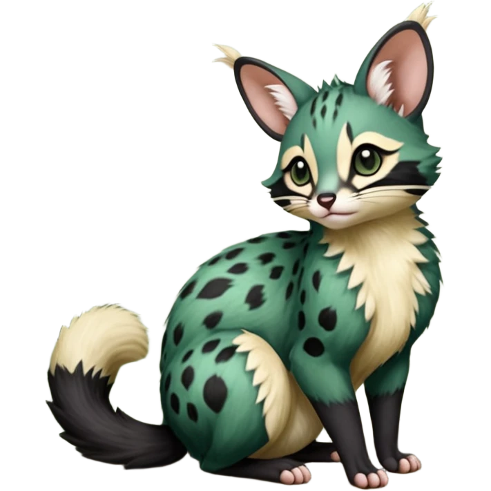 Dark-Green, black-pointed, soft natural realistic romantic vintage antique divine beautiful elegant pretty precious cute young youthful  Fakémon-Pokémon-opossum-feline-mouse-serval-caracal-chinchilla-Minccino-Cinccino-Meowstic-rodent-hybrid-creature with a big fluffy bushy tail (full body) emoji