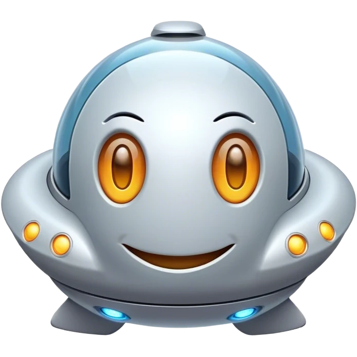 Design a simple, friendly spaceship with a smooth, rounded shape. Add a clear 'face' on the front using glowing lights for eyes and a curved line for a smile, giving it personality. Use a plain background to keep the focus on the ship emoji