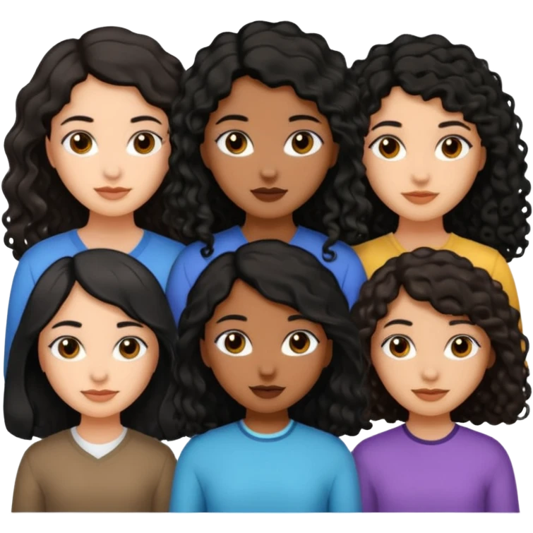 Three girls, one medium skin tone and with short black straight hair, other one with dusky skin tone and black long curly hair, and other girl with dusky skin tone and long wavy black hair  emoji