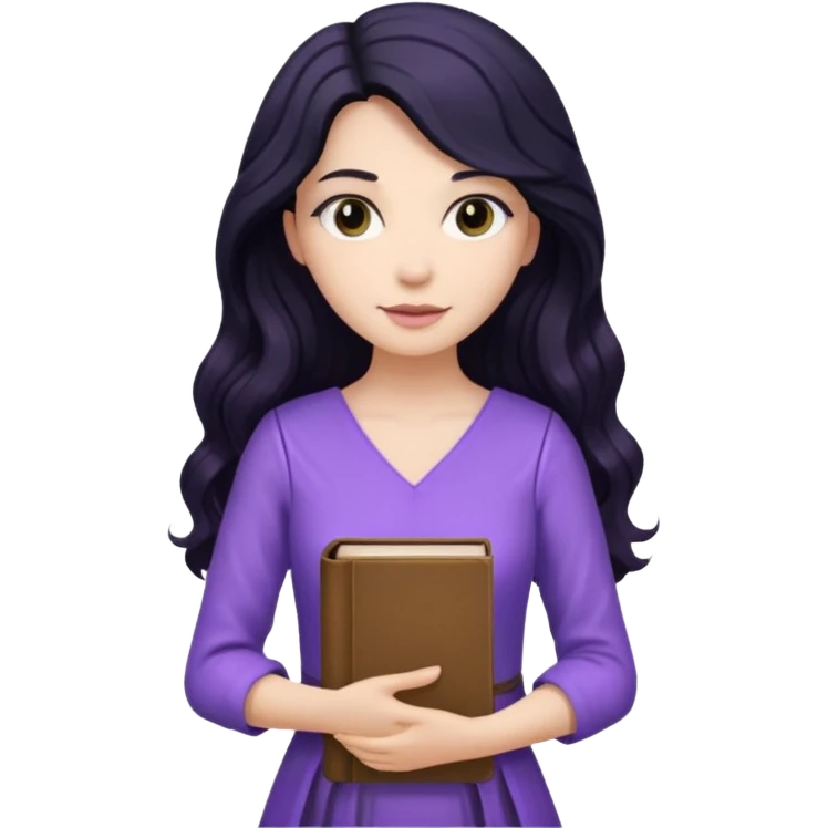 Long Hair Women with purple Book, Black wavy hair, light dress emoji