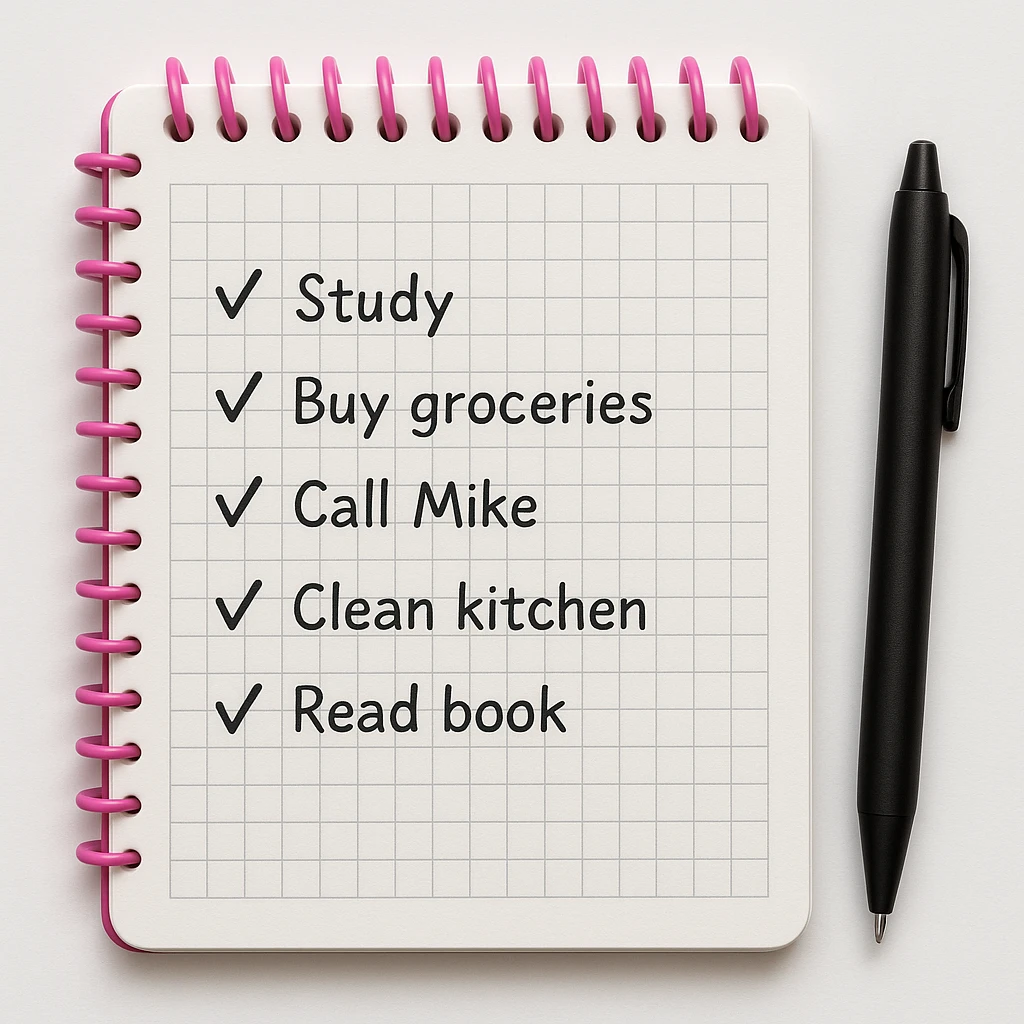 emoji of white grid notebook with some list on it and a black pen nearby emoji