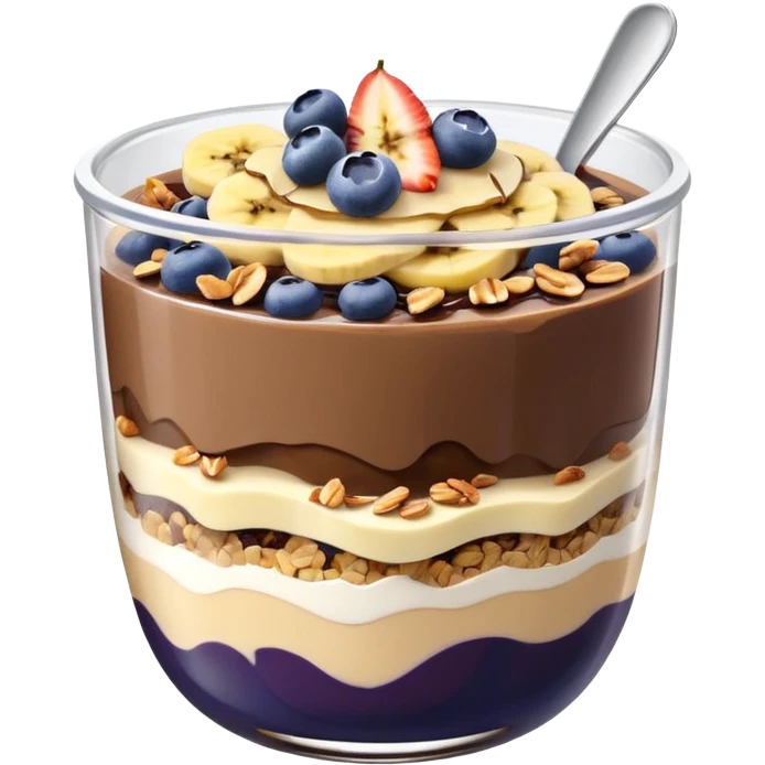 Açai bowl in a clear cup with layers of biscof , nutlella, granola, condensed milk and banana sliced and blueberrys on top emoji