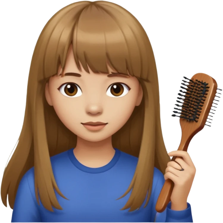a girl with light skin and medium brown long hair with bangs who is brushing her hair emoji