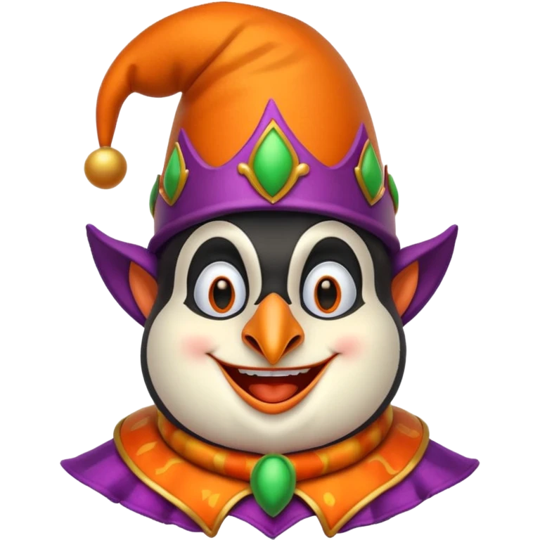 crazy funny colorful penguin jolly joker, medieval, vintage, court jester, mac os icon, orange color emoji