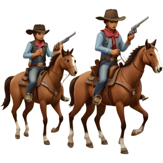 Icon for Western: A dramatic scene with cowboys on horseback, a dusty desert landscape, a setting sun. Include a classic cowboy hat, revolvers and an old wooden saloon in the background. capture the essence of the Wild West with rugged and adventurous details. Transparent background. emoji