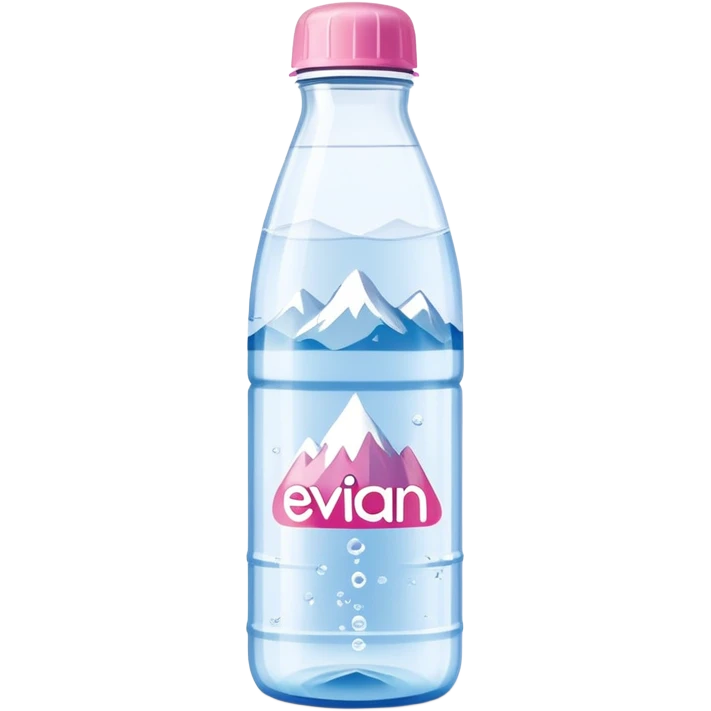Evian branded water bottle with pink cap, clear plastic bottle showing the distinctive Evian mountain logo emoji