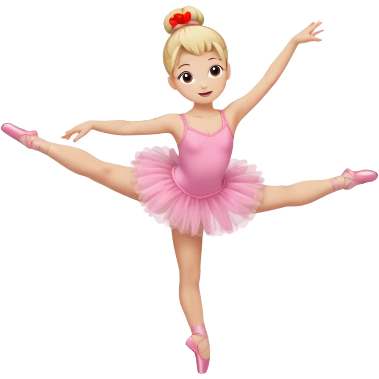 aestethic blonde girl doing ballet, with a pink tutu, bun, with a leg on the floor, and the other one in the air emoji