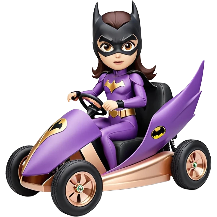 Hot full size real-appearance enclosed electric racing action BatGirl’s feminine midnight-colored tight outfit sixty’s tv show 1992 stealthy retro sporty safe plush petite off-road pursuit cruiser car rose gold accents (black hair,reclined and relaxed torso and shoulders seating position) go kart  emoji