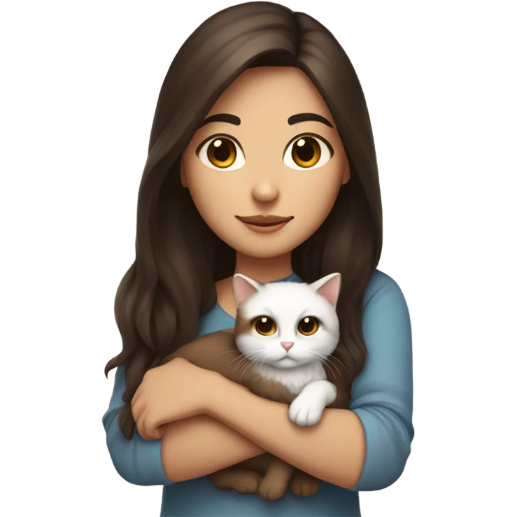 girl with dark brown hair and brown eyes, holding her brown and white cat with very long cat hair emoji
