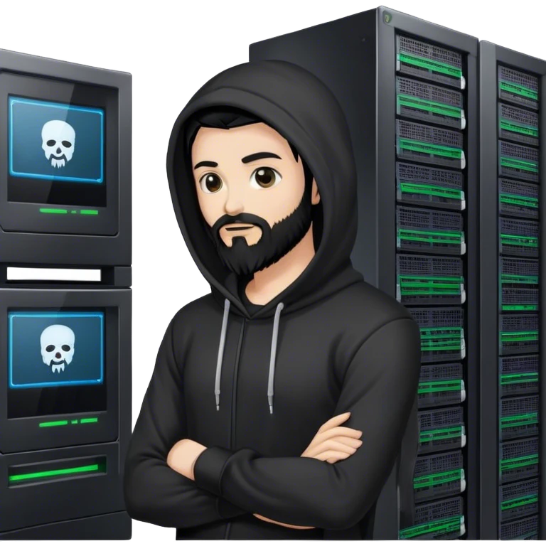 hackeur blanc cheveux noir barbe et capuche noir à côté d'un server ia emoji