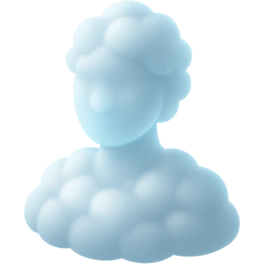 shoulder-up portrait of a person facing forward, fully composed of bright, convex clouds with soft glow, matte glass style emoji