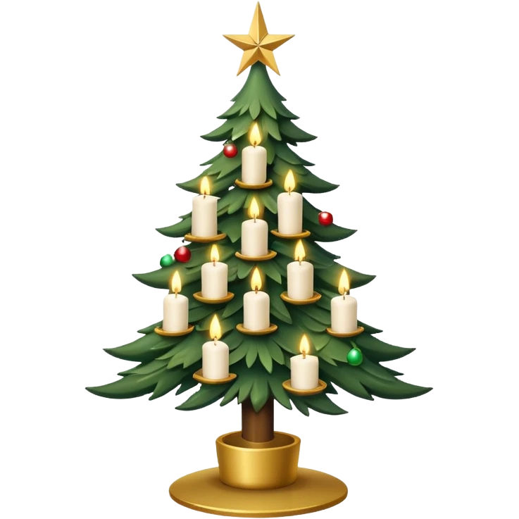 Christmas tree with white candles all over the tree, and a gold pentagram emoji