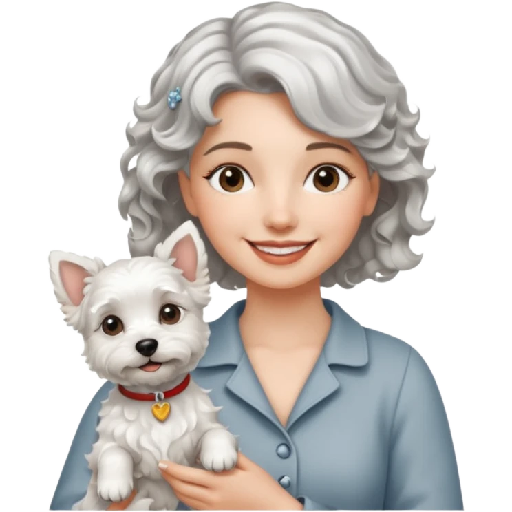 silver, short, wavy-haired with loose curls, smiling pretty lady holding a westie dog emoji