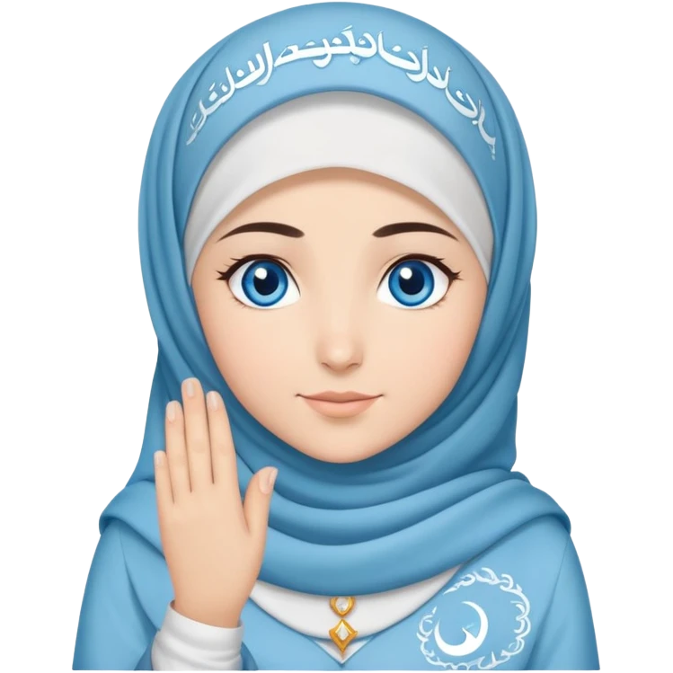 Turkish beautiful finish Konya girl blue eyes with cloudy hijab islamic dress and had on her hand text Eid Mubarak  emoji