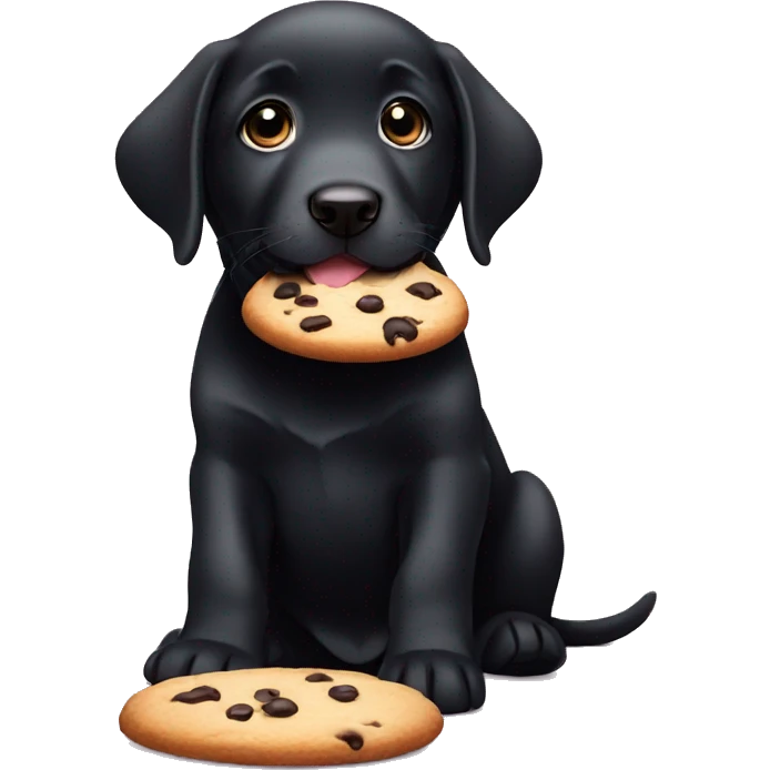 sweet black labrador puppy with big eyes eats a cookie emoji