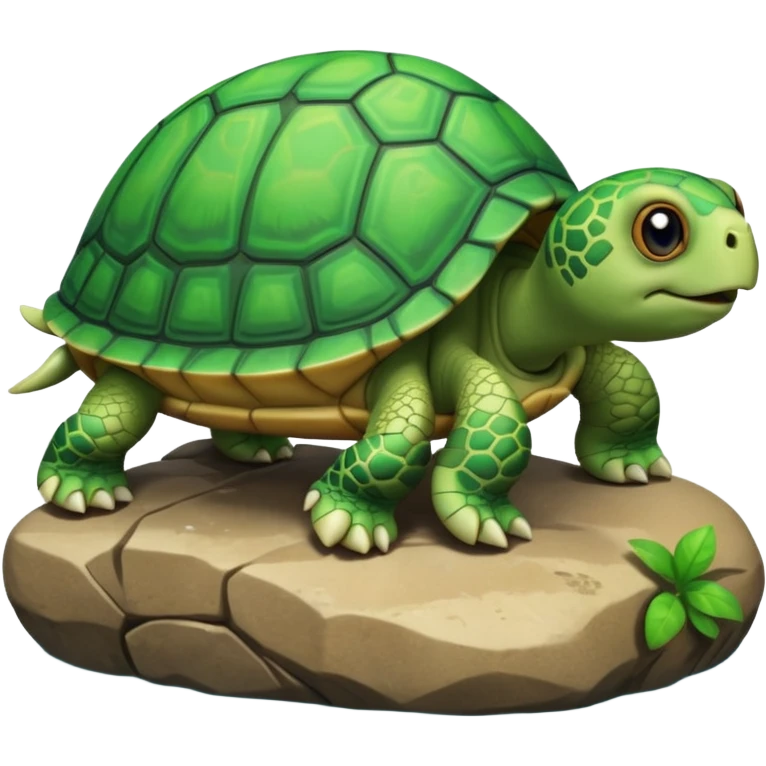A 3D cartoon turtle climbing onto a rock near water, bright green shell, soft shading and smooth texture, cheerful and friendly expression. emoji