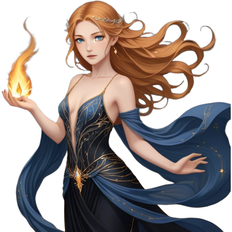 A fierce yet ethereal female High Fae with golden-brown hair cascading down her back, streaked with hints of sunlit gold. Her sharp, striking blue-gray eyes hold an unyielding fire. She wears a flowing black gown with constellations embroidered in silver thread, draping elegantly over her graceful frame. Her delicate hands bear golden tattoos, symbols of ancient magic binding her fate emoji