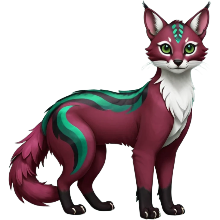Colorful dark tropical feathery tribal dark burgundy wine-red obsidian-black jade-green white glorious iridescent divine exotic cute cool beautiful beautiful fantasy-caracal-civet-genet-sergal-vernid-Gryphon-Cacomistle-Trico-oncilla-animal-Fakémon-hybrid-fursona (full body) emoji