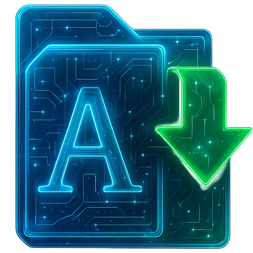 Transform the Bulk File Rename Utility icon into a cyberpunk, holographic style with glowing neon blue and green edges, circuit patterns throughout the files and arrow, and a transparent background. Maintain the recognizable overlapping file icons with large letters and the green arrow, overlaying neon and circuit effects in the same futuristic, clean style as previous cyberpunk icons. The whole icon should have a consistent cyberpunk glow and intricate circuit details in a futuristic, clean style. emoji