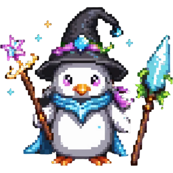 penguin wizard with magical sparkles, a unicorn, fairy, and tiny goblin companion emoji