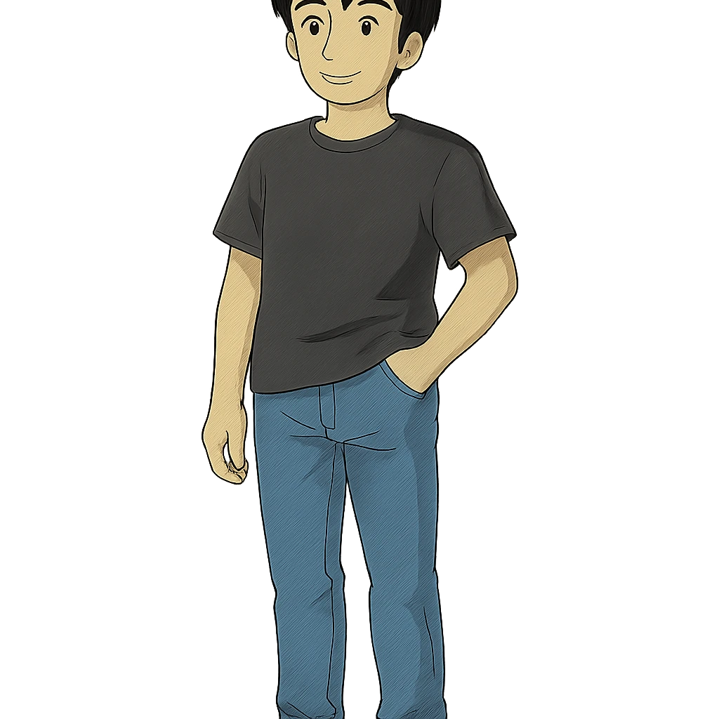 man, casual pose, black hair, jeans, black t-shirt, transparent background, ghibli style emoji