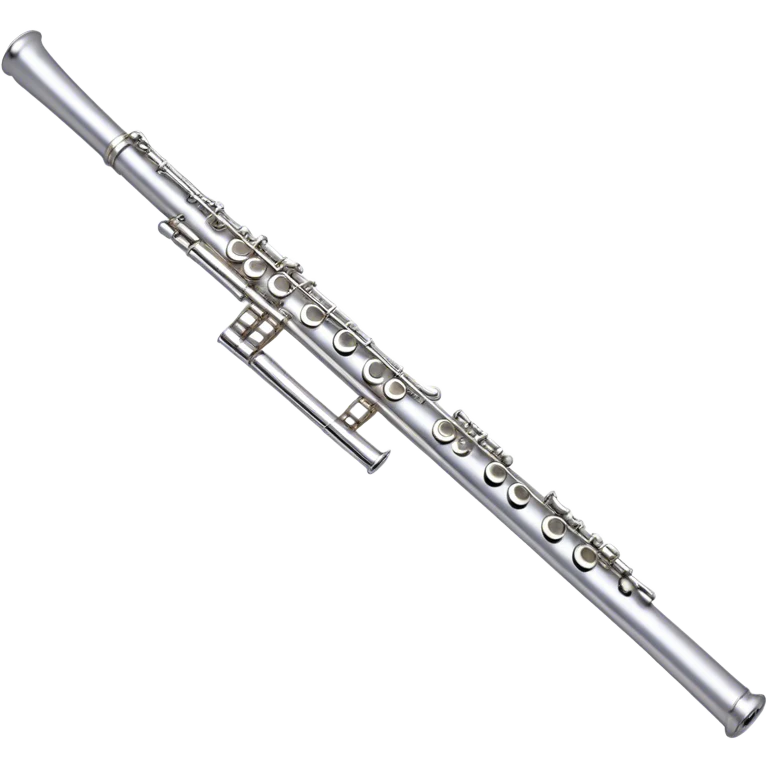 Create an elegant and refined emoji representing a classical silver flute. The design should showcase the sleek, polished silver body of the flute with its keywork and tone holes clearly visible. Highlight the smooth, straight shape of the instrument with subtle light reflections on its metal surface. The keys should be delicately detailed, with their small, round pads visible. Add a slight shine to the flute’s surface to reflect its high-quality craftsmanship. Optionally, include subtle musical notes floating around the flute to evoke its light, melodic sound. The background should be transparent. emoji
