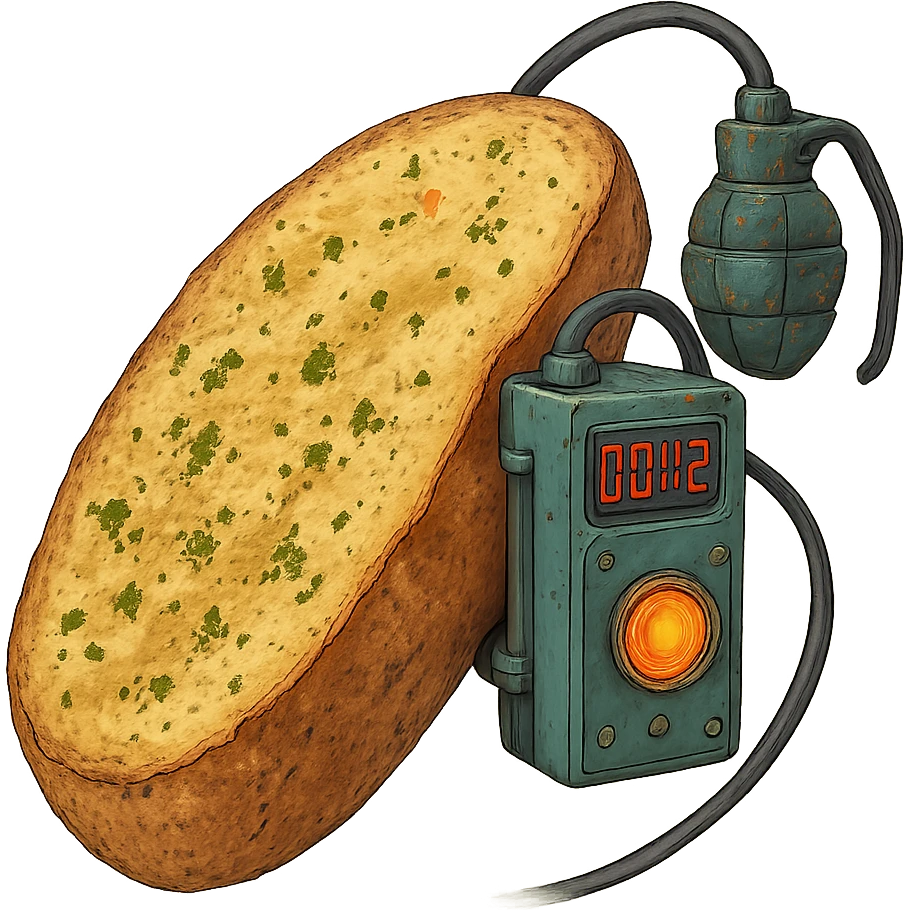 a thermonuclear hand held grenade IED, futuristic cyberpunk. The primed exlosive element is not c4 plastique, but it is garlic bread. small detonator attached to large loaf emoji