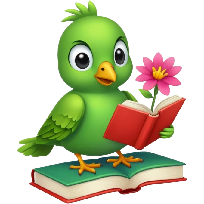 Green Bird reading books + flower emoji