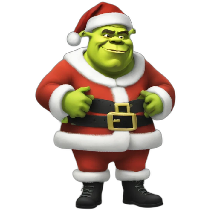 shrek as santa standing-with-black-shoes with ak emoji