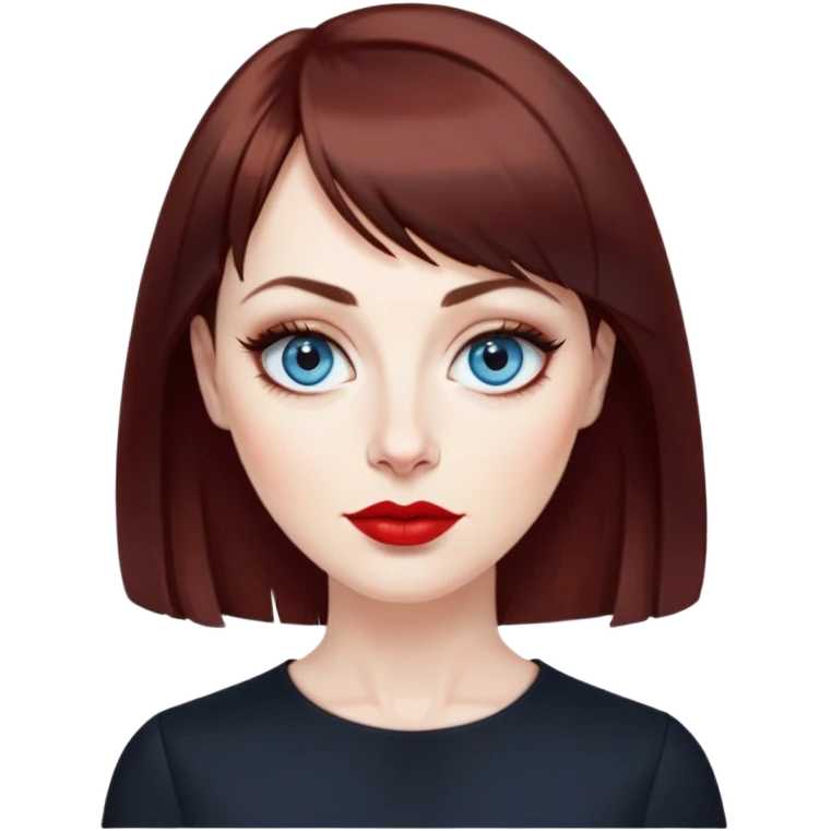 Artistic woman in her 40s with pale skin, oval face, large blue eyes with eyeliner, thin eyebrows, small nose, red lipstick, dark auburn hair with bangs, wearing a black top, mature creative expression emoji