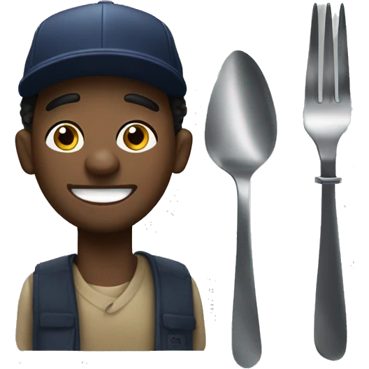 Black Man with Yankee Hat smiling with fork and knife emoji