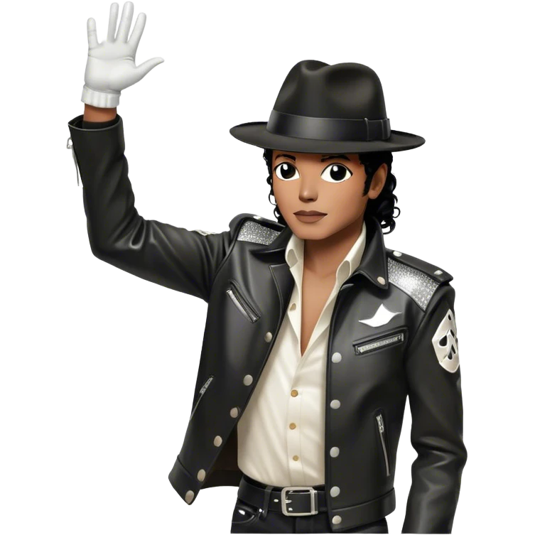 Icon for R&B Music: Michael Jackson in his black fedora, sparkling glove, and leather jacket, striking his famous final pose after performing, with one arm raised and head tilted back. Musical notes surround him, symbolizing the essence of R&B. Transparent background. emoji