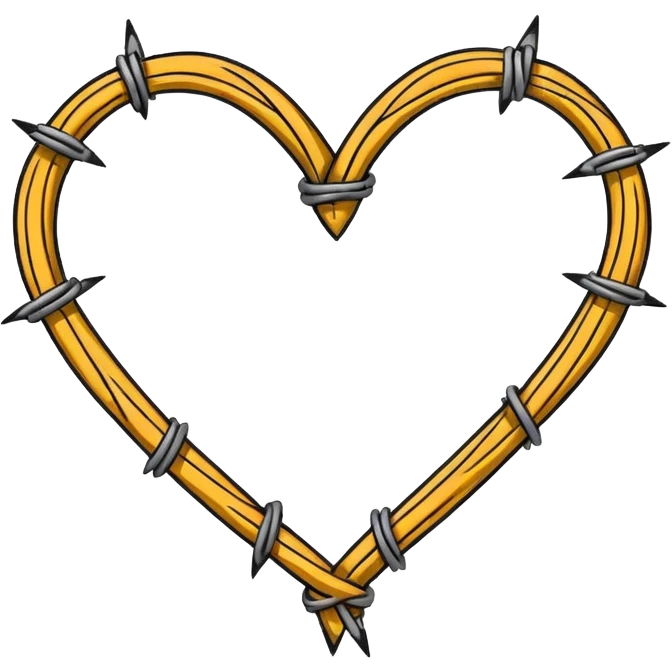 Minimal black line art heart made from barbed wire, hand-drawn sketch look, uneven ink strokes, 6–7 barbs with twisted knots, simple clean outline, centered on plain white background, high contrast emoji