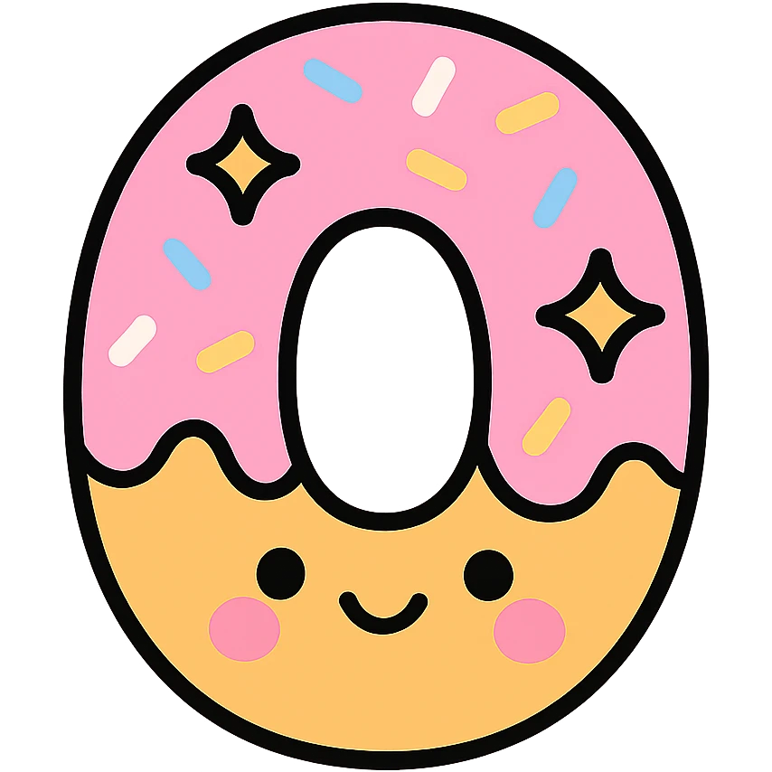 Cute kawaii number 0 shaped like a donut with pastel pink frosting, sparkles, and a blushing cute face on white background emoji