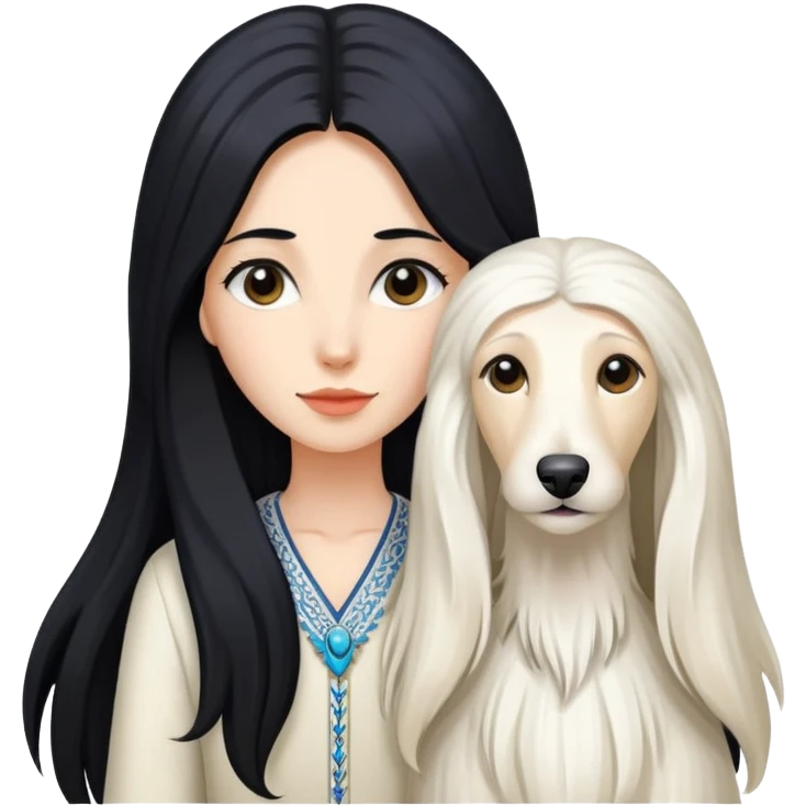 A girl with long black hair walks a white Afghan hound emoji
